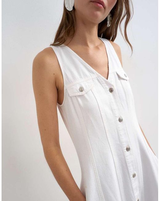 TOPSHOP White Denim V Neck Button Through Maxi Dress