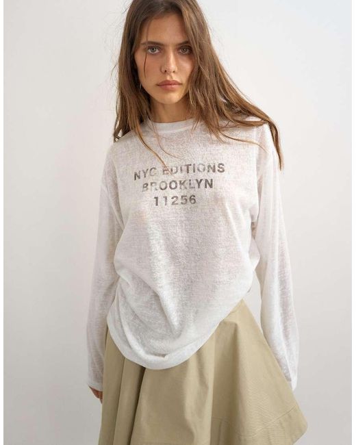TOPSHOP White Sheer Slubby Graphic 'nyc' Long Sleeve Top