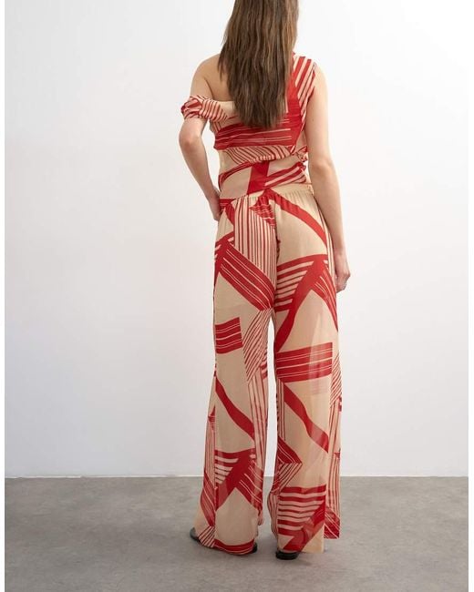 TOPSHOP Red Chiffon Stripe Print Wide Leg Trouser Co-ord