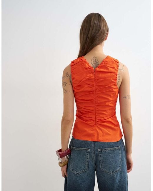 TOPSHOP Orange Poplin Gathered Tank Top