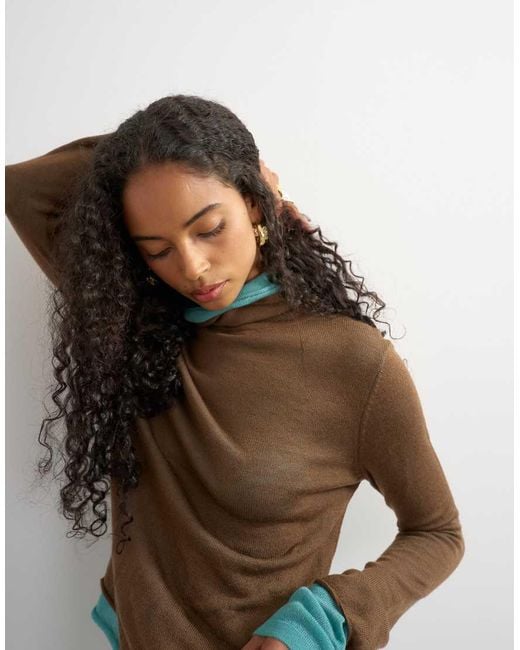 TOPSHOP Brown Wool Blend Double Layer Sheer Knit Turtleneck Top