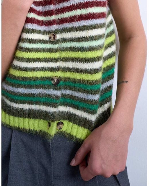 TOPSHOP Green Knitted Multi Stripe Vest