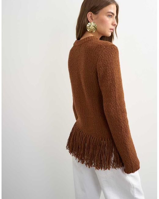 TOPSHOP Brown Knitted Asymmetric Fringe Jumper