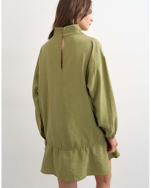 TOPSHOP Green Cupro Funnel Neck Dropped Waist Long Sleeve Mini Dress