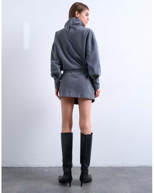 TOPSHOP Blue Real Suede Funnel Neck Cinch Waist Long Sleeve Mini Dress