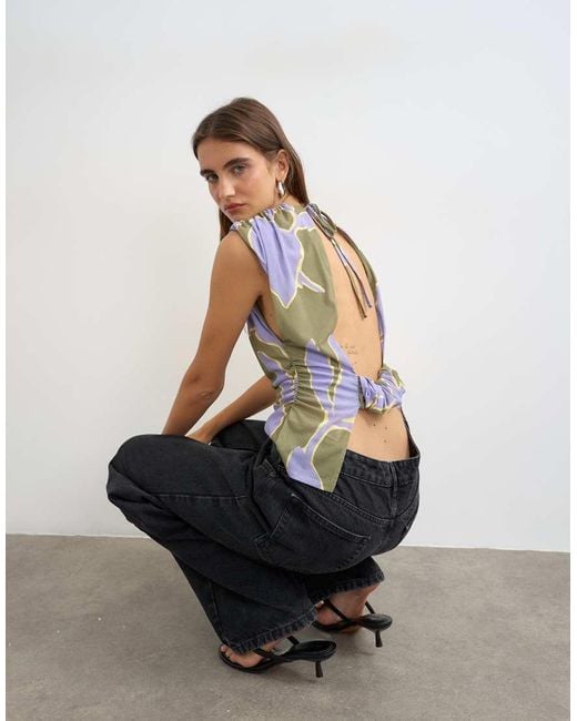 TOPSHOP White Floral Printed Drape Back Top
