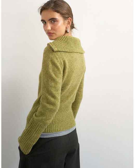 TOPSHOP Green Knitted Half Zip Funnel Neck Jumper With Wool