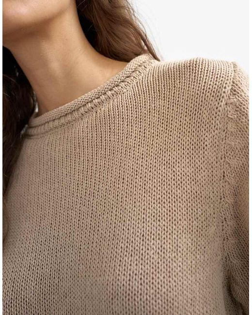 TOPSHOP Natural Knitted Short Sleeve Top With Roll Hem Trims