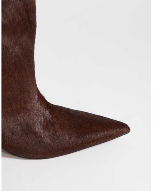 TOPSHOP Brown Tina Hair-on Real Leather Kitten Heel Knee Boots