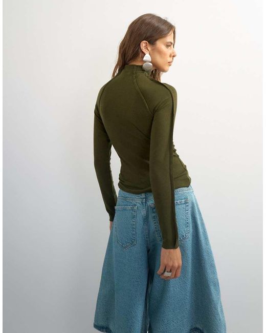 TOPSHOP Green X Cara Seamed Long Sleeve T-shirt