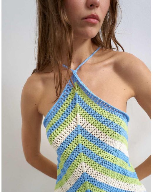 TOPSHOP Green Knitted Mix Stripe Co-Ord Stitchy Halter Top