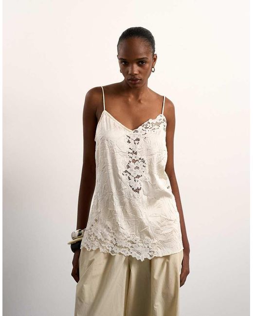 TOPSHOP Natural Crinkle Satin Top With Lace Inserts
