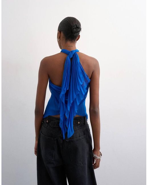 TOPSHOP Blue Knot Halter Top With Pleated Fabric