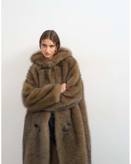 TOPSHOP Brown Faux Fur Longline Toggle Coat