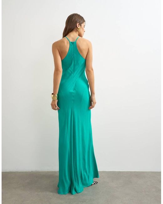 TOPSHOP Blue Satin Cut Away Racer Neck Full Skirt Maxi Dress