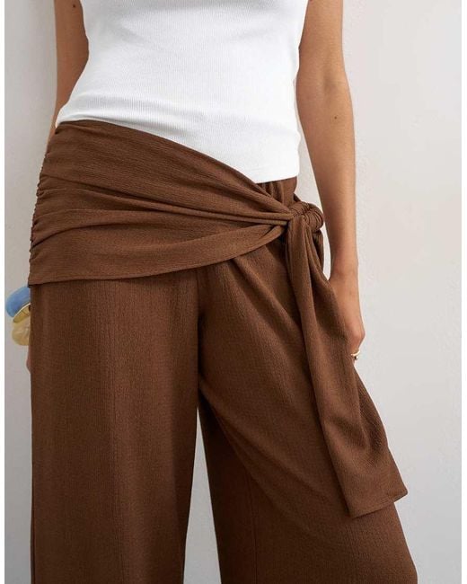 TOPSHOP Brown Plisse Wrap Scarf Detail Trousers