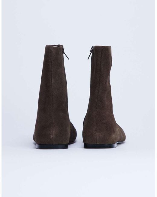 TOPSHOP Brown Peri Real Suede Flat Square Toe Boot