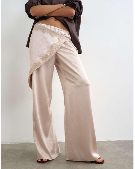 TOPSHOP Natural Satin Wrap Around Lace Detail Trouser