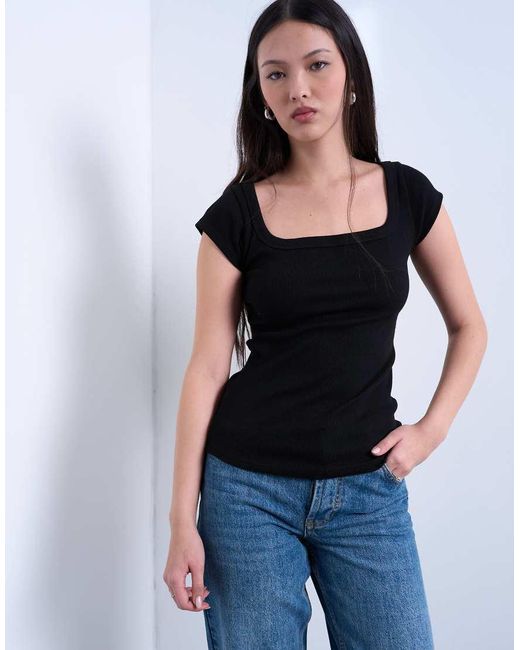 TOPSHOP Black Square Neck Ribbed Cap Sleeve Tee