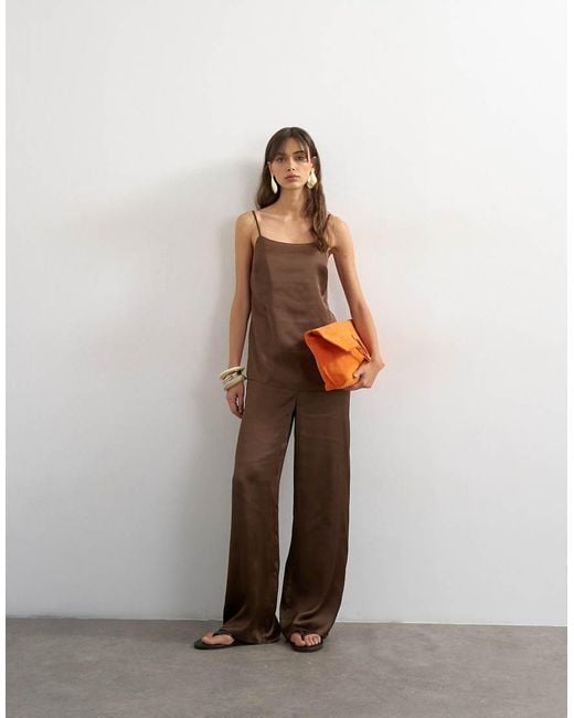 TOPSHOP Brown Satin Clean Wide Leg Trouser Co-Ord