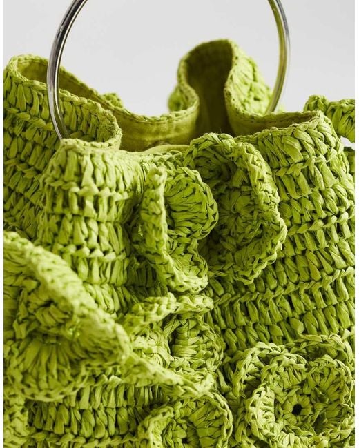 TOPSHOP Green Millie Small Straw Flower Grab Bag With Metal Handle