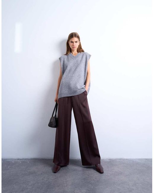 TOPSHOP Red Satin Tie Waist Wide Leg Trouser With Pintuck Seam Detail