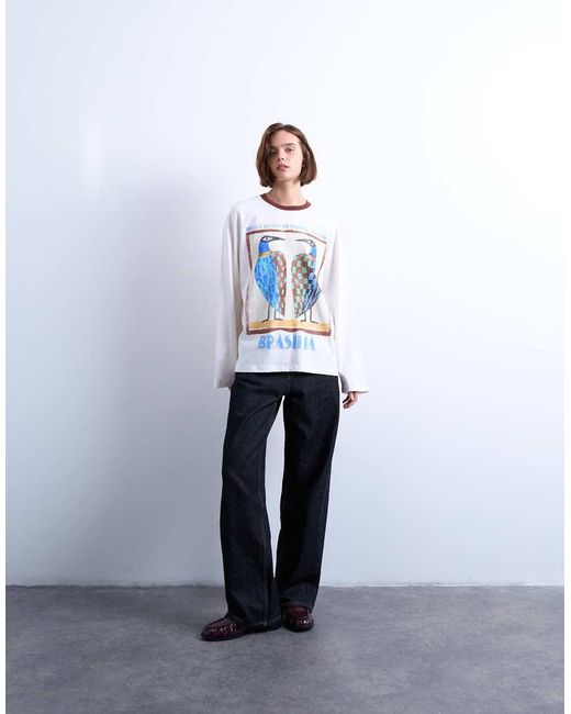 TOPSHOP White Graphic Brasilia Contrast Ringer Skater Tee