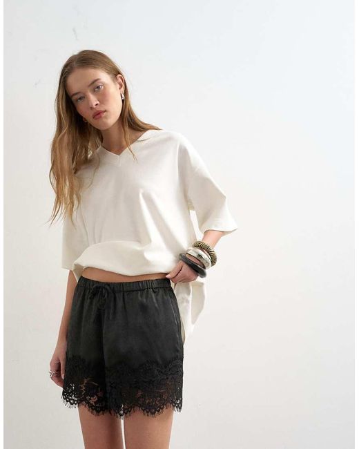TOPSHOP White Satin Lace Insert Short