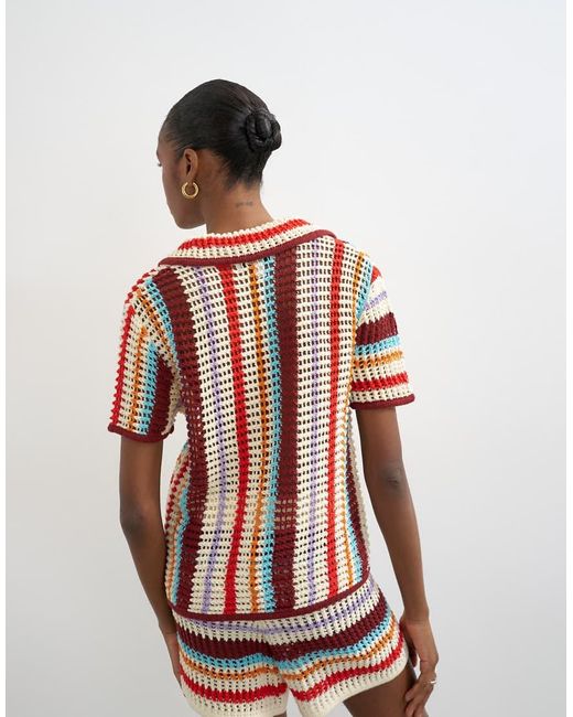 TOPSHOP Brown Knitted Crochet Stripe Co-Ord Shirt