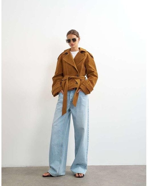 TOPSHOP Blue Faux Suede Belted Trench