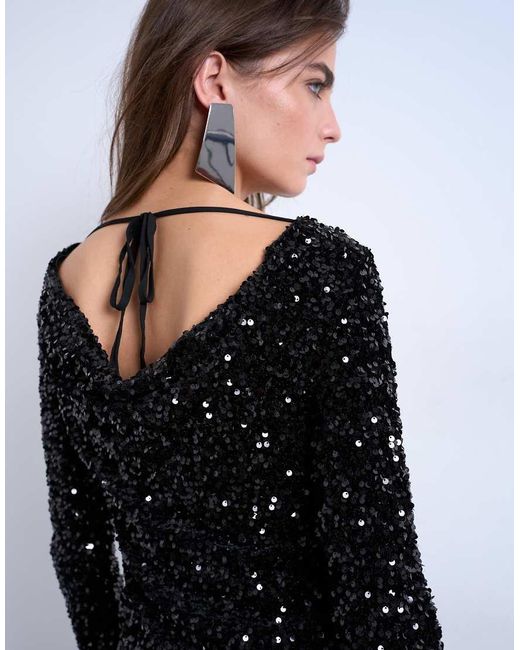 TOPSHOP White Long Sleeve Cowl Back Sequin Velvet Mini Dress