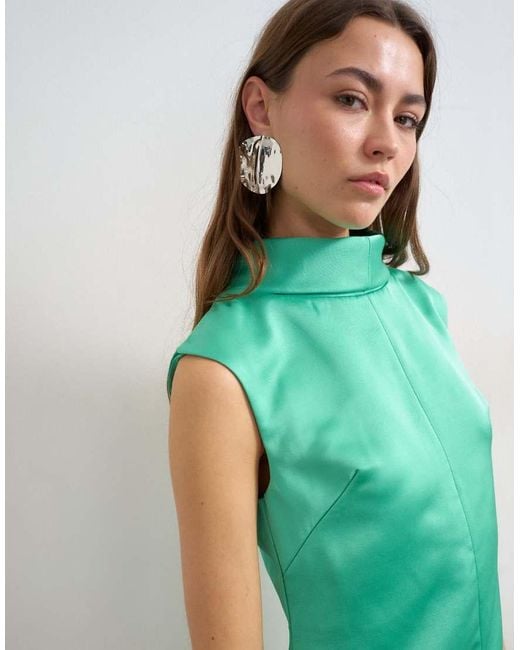 TOPSHOP Green Satin Funnel Neck Barrel Mini Dress