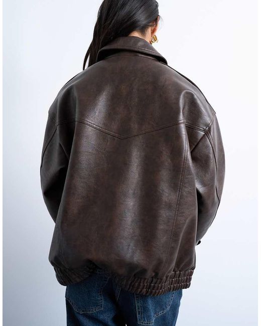 TOPSHOP Gray Faux Leather Vintage Wash Seam Detail Zip Thru Oversized Bomber Jacket