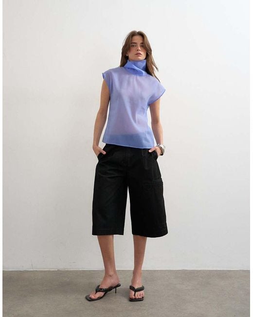 TOPSHOP Blue High Neck Grown On Shoulder Sheer Organza Top