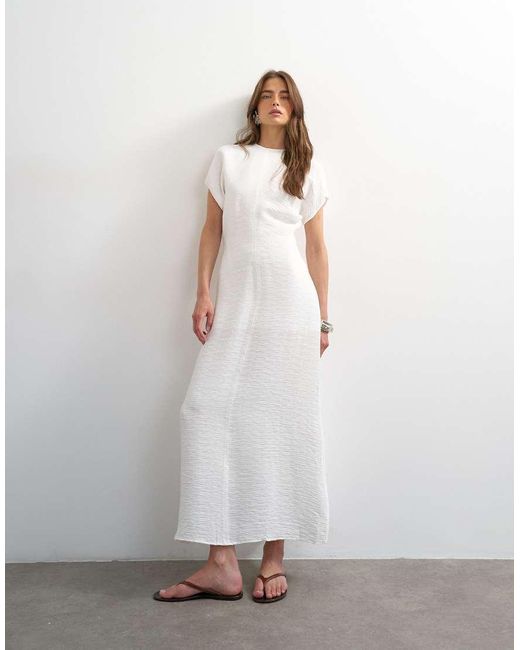 TOPSHOP White Drop Shoulder Blouson Waist Crinkle Maxi Dress