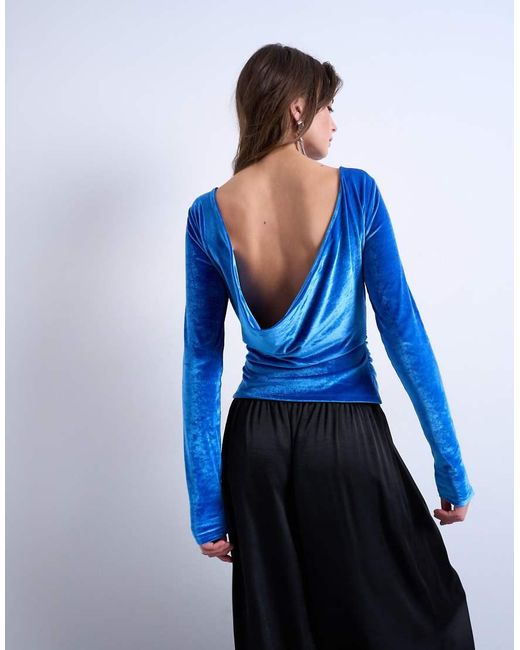 TOPSHOP Blue Velvet Cowl Back Long Sleeve Top