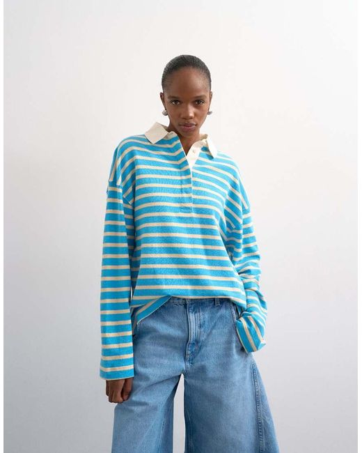 TOPSHOP Blue Terrycloth Stripe Long Sleeve Polo