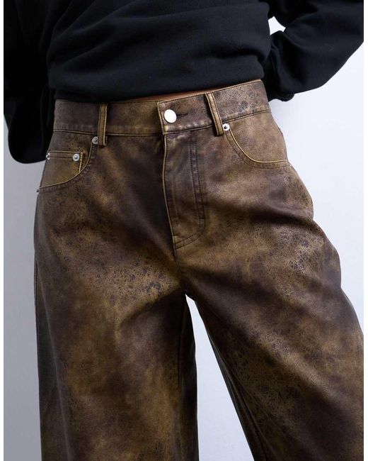 TOPSHOP Brown Faux Leather Washed Straight Leg Trouser