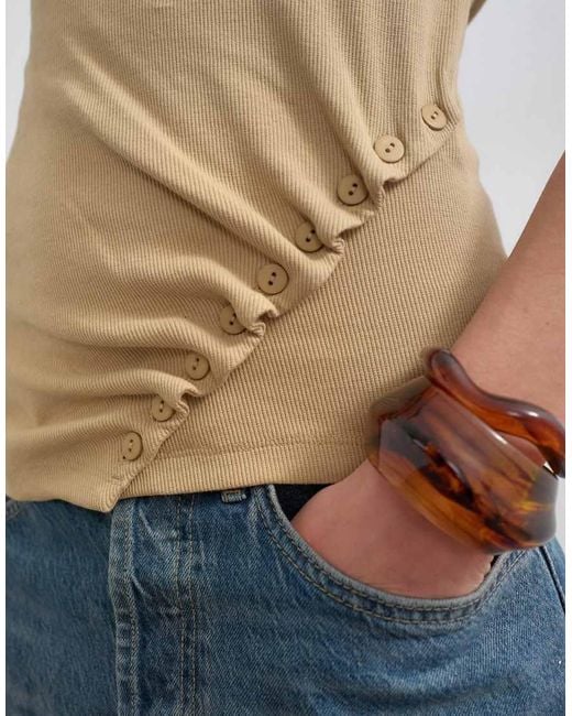 TOPSHOP Natural Button Detail Slash Neck Ribbed Top