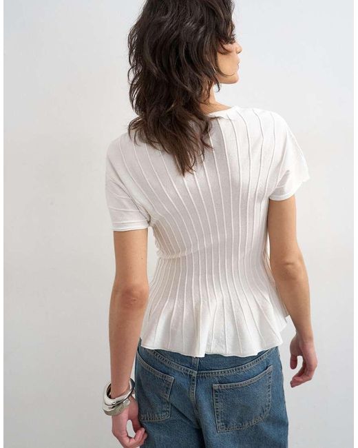 TOPSHOP White Knitted Grown On Short Sleeve Peplum Top