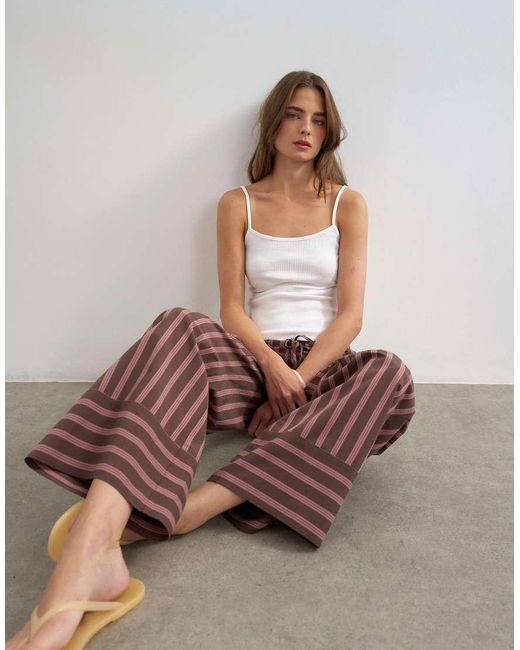 TOPSHOP Brown Stripe Tie Waist Wide Leg Trouser