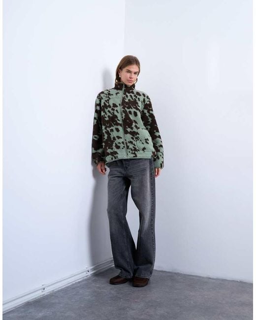 TOPSHOP Black Brown And Teal Cow Print Borg Fleece Jacket With Contrast Teal Binding
