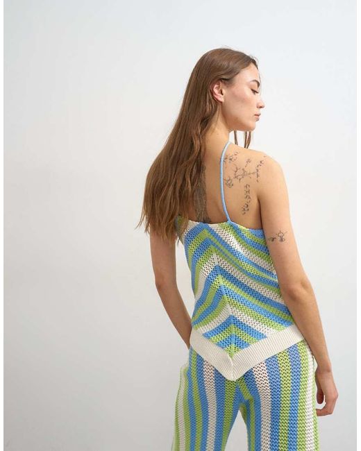 TOPSHOP Green Knitted Mix Stripe Co-Ord Stitchy Halter Top