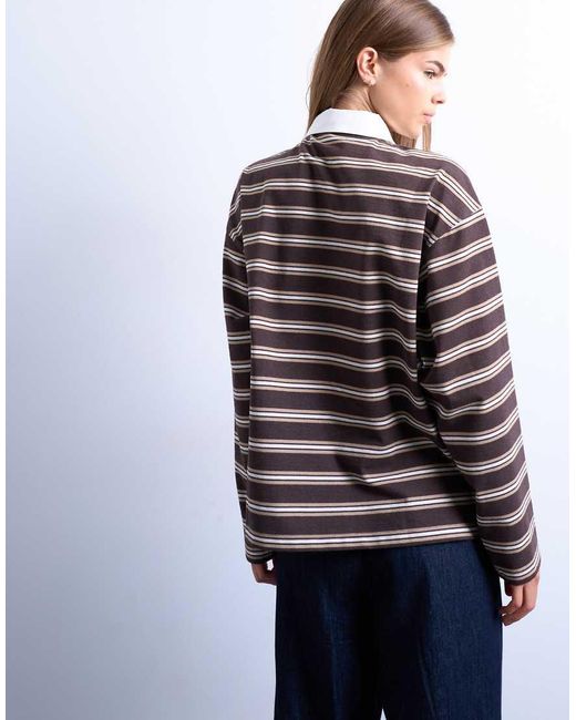 TOPSHOP Blue Stripe Rugby Long Sleeve Polo Top