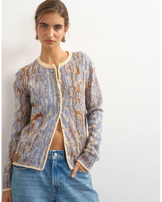 TOPSHOP Blue Knitted Brushed Animal Cardigan With Wool And Mohair