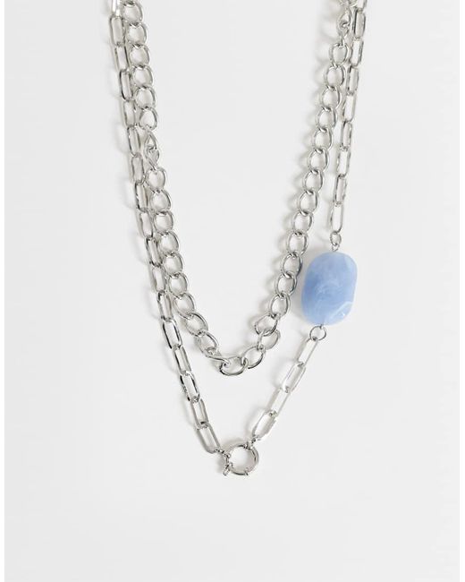 TOPSHOP White Oakley Stainless Steel Multi Chain Necklace With Blue Stone