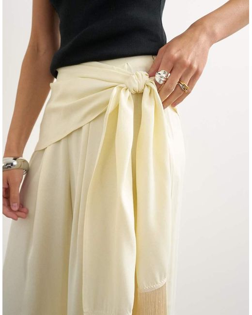 TOPSHOP White Satin Feel Wrap Co-Ord Trouser With Fringe Detail
