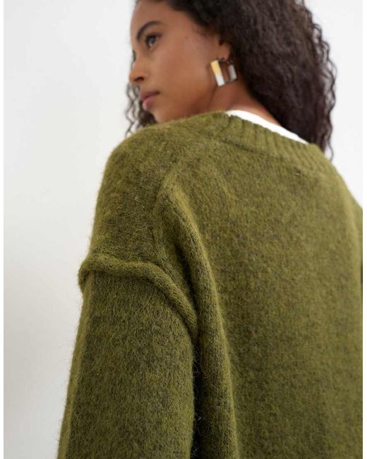 TOPSHOP Green Knitted Deep V Neck Jumper With Wool