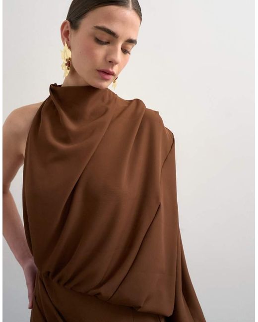 TOPSHOP Brown One Sleeve Drape Maxi Dress
