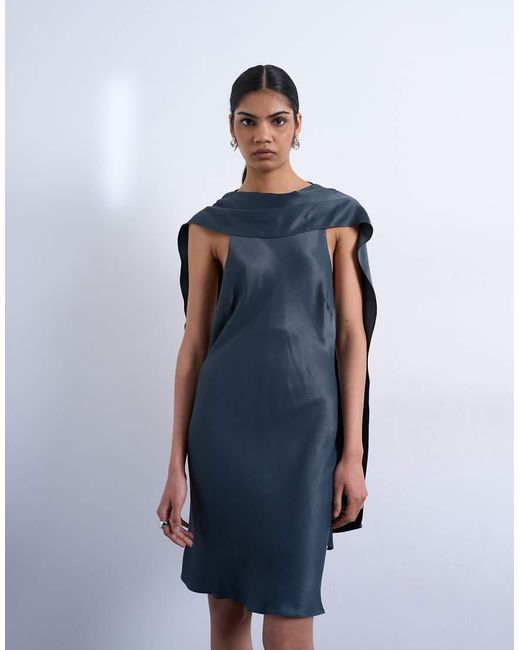 TOPSHOP Blue Satin Scarf Neck Mini Dress